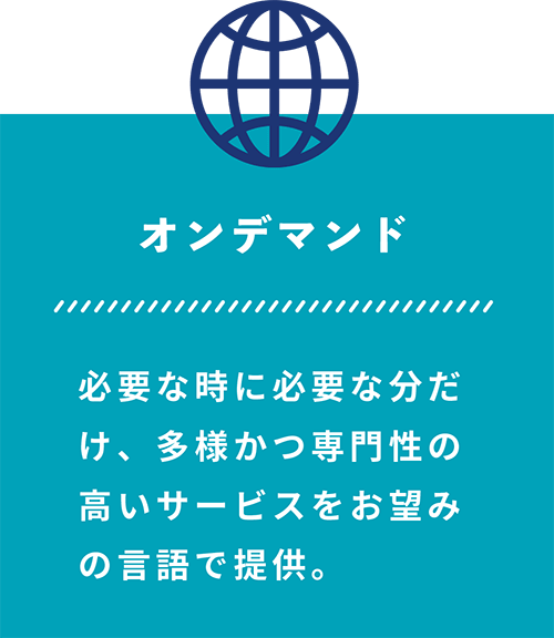 オンデマッド 必要な時に必要な分だけ、多様かつ専門性の高いサービスをお望みの言語で提供。