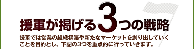 援軍が掲げる3つの戦略。援軍では営業の組織構築や新たなマーケットを創り出していくことを目的とし、下記の３つを重点的に行なっていきます。